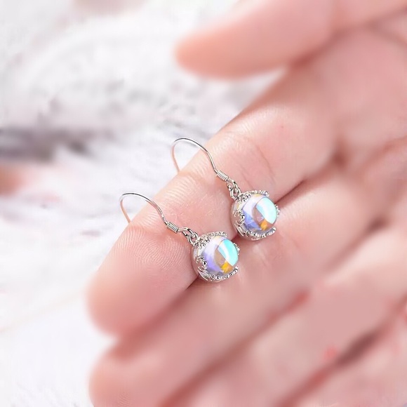<CLEARANCE>925 Sterling Silver Round Moonstone Drop Earrings - Picture 5 of 9